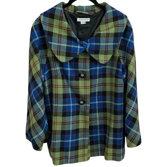Pendleton Green Plaid 100% Virgin Wool Jacket/Blazer Modern Bell Sleeves 14 - Picture 2 of 6